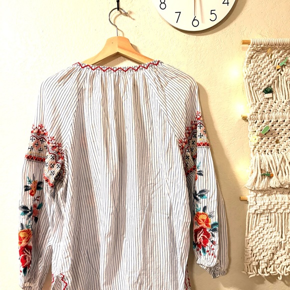 Johnny Was Blue and White Striped Embroidered Colorful Blouse - Picture 8 of 9